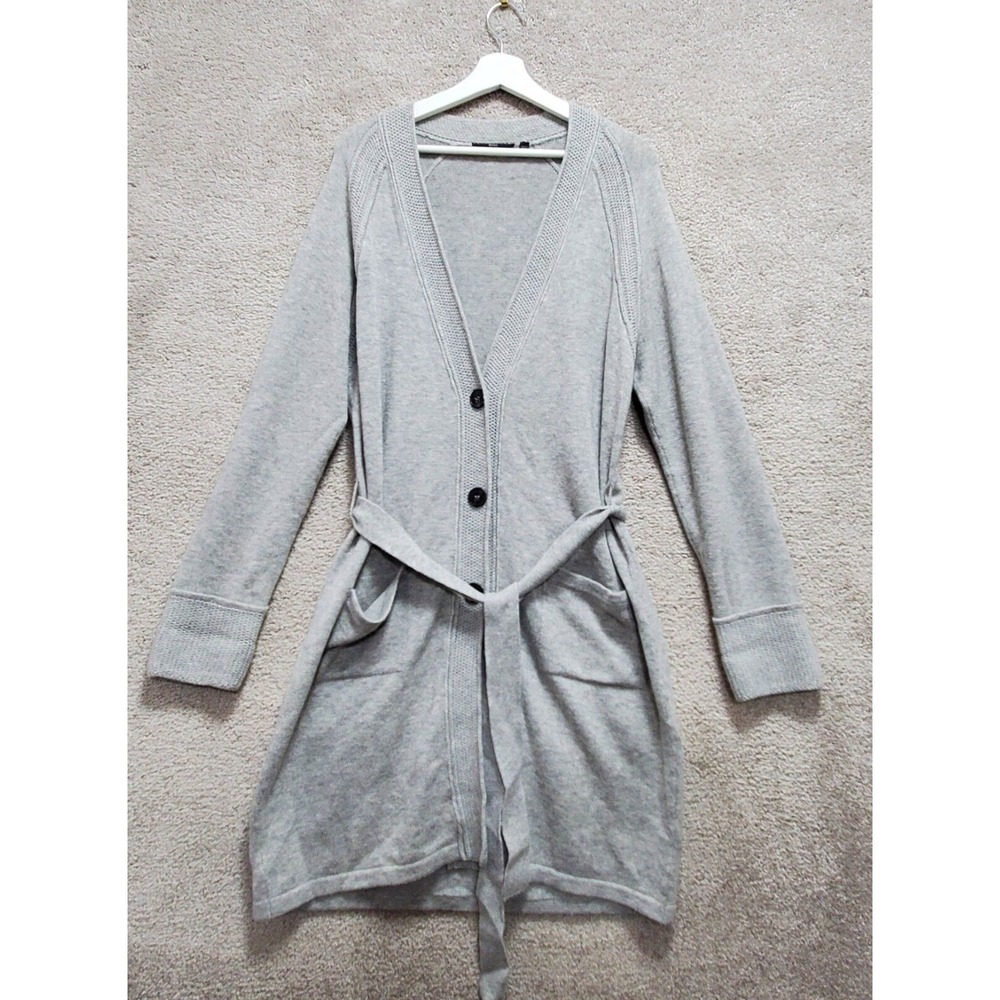 Hugo Boss Cardigan Sweater Women XL Gray Virgin Wool Pockets Belted Button Front